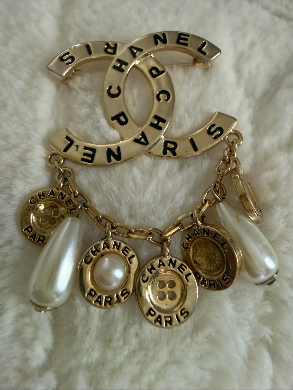CHANEL Gold and White CC Charm Brooch with Pearl Drops